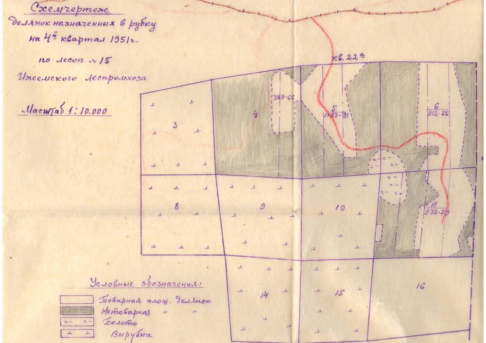 Схематический чертеж делянок назначенных в рубку на IV квартал 1951 года