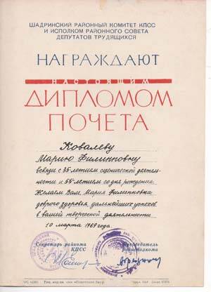 Диплом почёта Ковалёвой М.Ф.