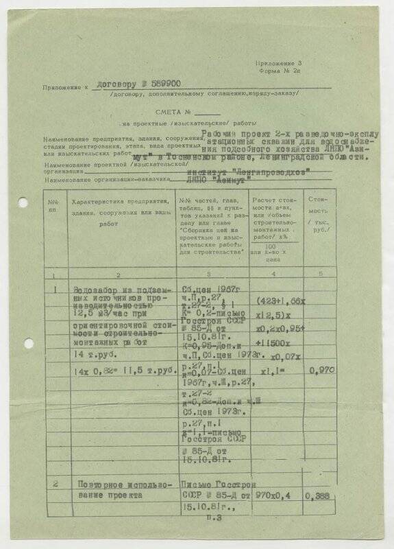 Документ. Смета на рабочий проект скважин. Приложение к договору № 5899000.