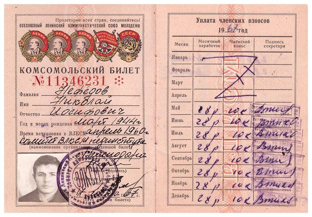 Комсомольский билет Нефедова Н.И.