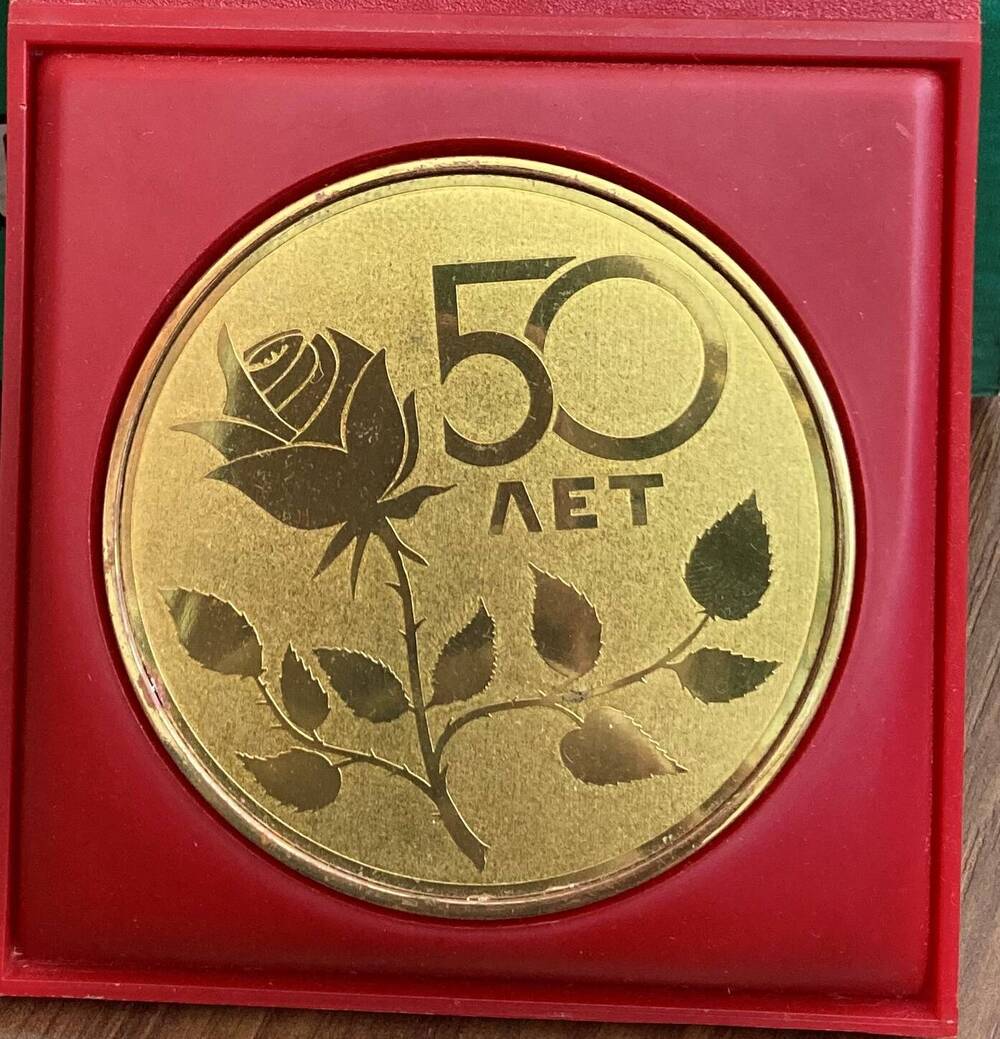 Медаль настольная 50 лет, подаренная Боровиковой Зое Ивановне 14 мая 1989 г.