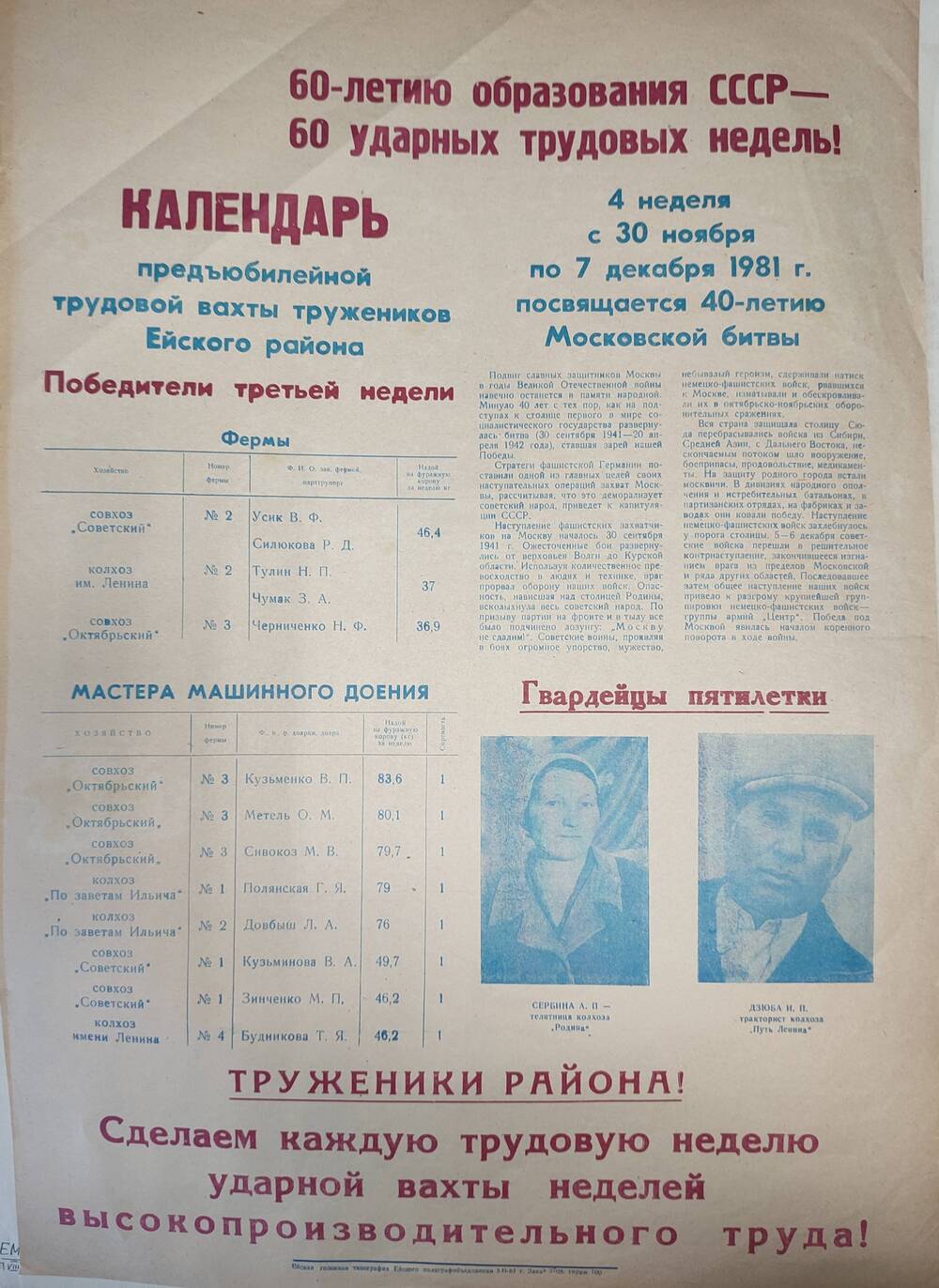 Лист: Календарь предъюбилейной трудовой вахты тружеников Ейского района 4 неделя с 30 ноября по 7 декабря 1981 г.