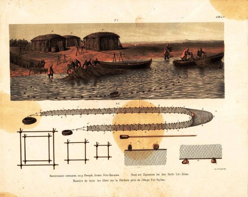 Литография. Вытягивание неводов на реке Печоре, близ Усть-Цыльмы.
