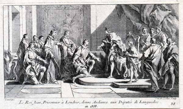 Король Франции Иоанн II дает аудиенцию депутатам Лангедока, будучи в плену в Лондоне. Книжная иллюстрация