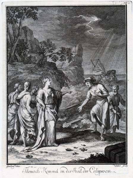 Телемах прибывает на остров Калипсо, книжная иллюстрация