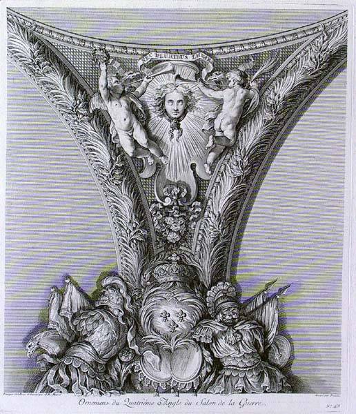 Орнамент четвертого угла зала Войны. Лист 43 из серии La Grande Galerie de Versailles et les deux salons qui l'accompagnent