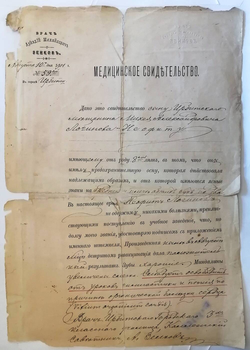 Свидетельство медицинское Неофита Логинова, 1901 г., № 59, г. Ирбит 