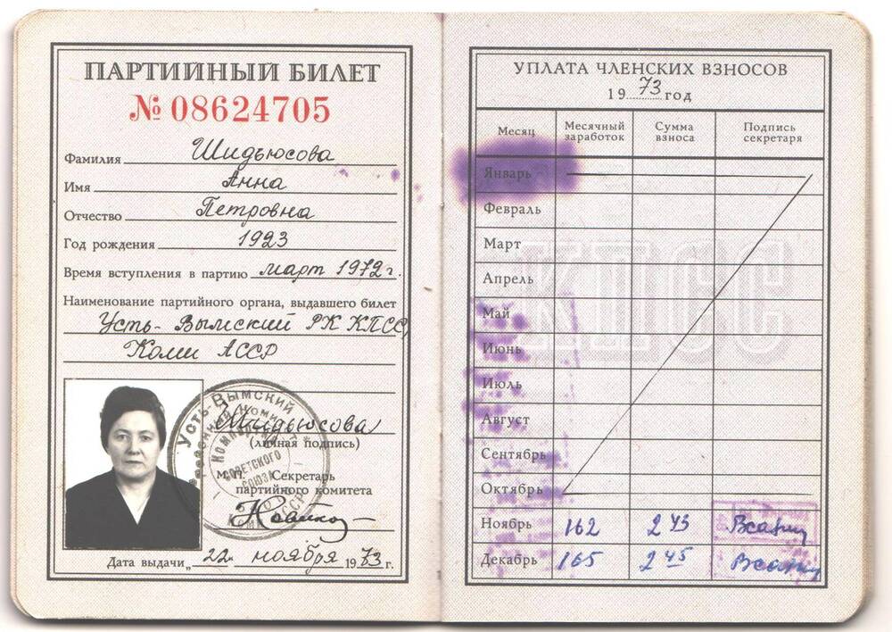 Партийный билет №08624705 Шидьюсова Анна Петровна, год рождения 1923 г., время вступления в партию март 1972 г.
