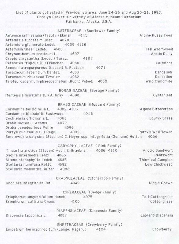 Список растений собранных в районе Провидения.