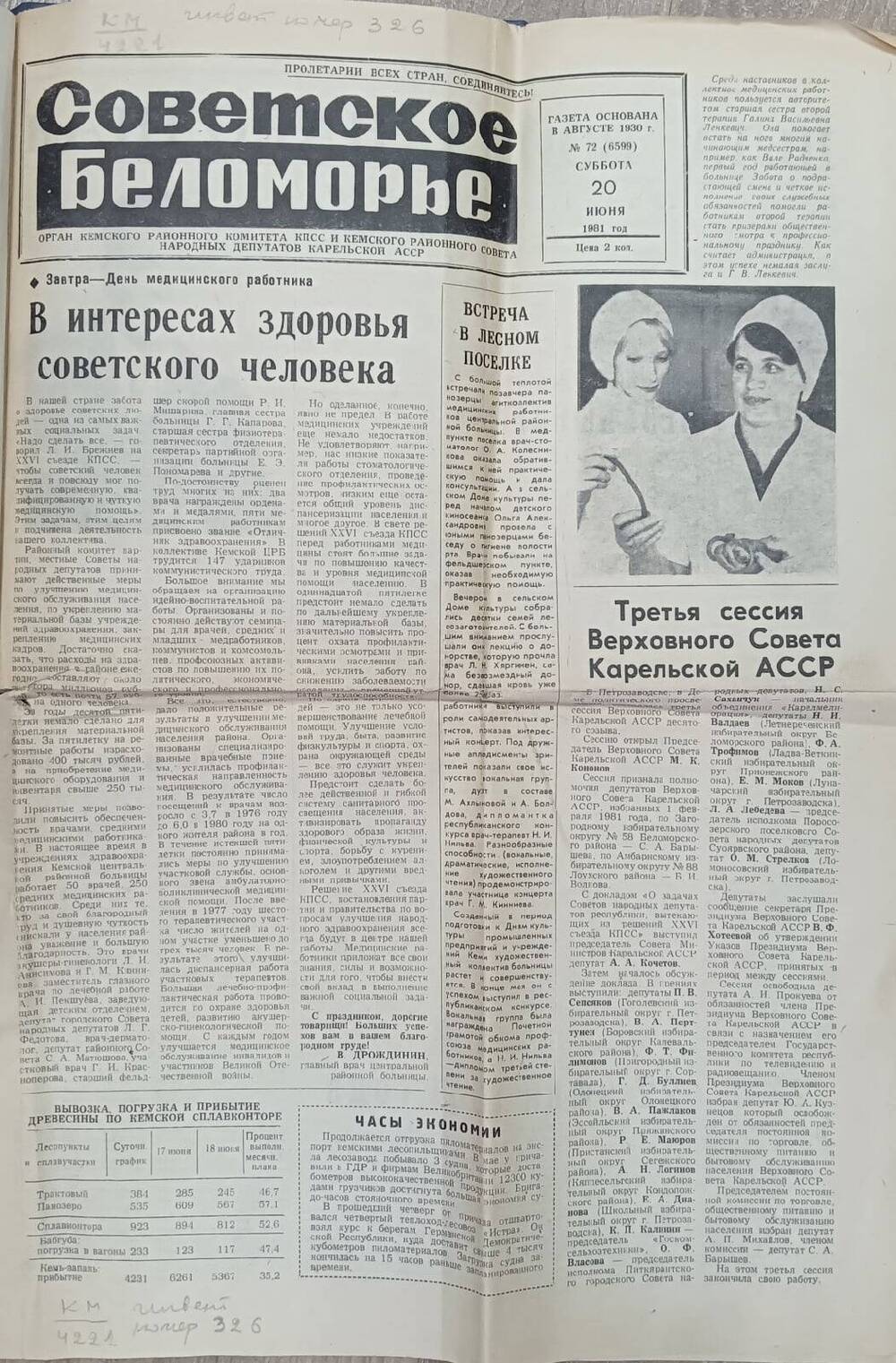 Газета Советское Беломорье от 20 июня 1981 год