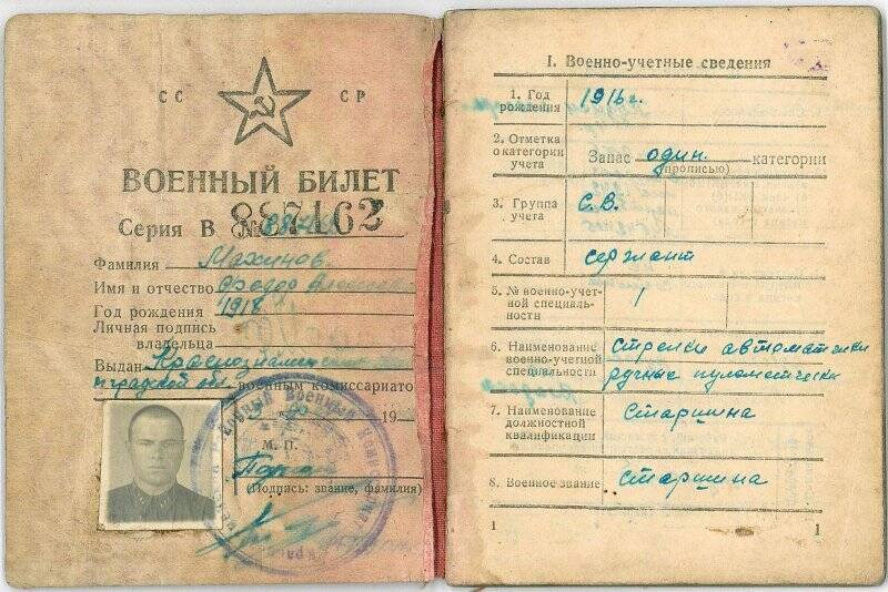 Билет военный В № 887162 на имя Махинова Федора Алексеевича.