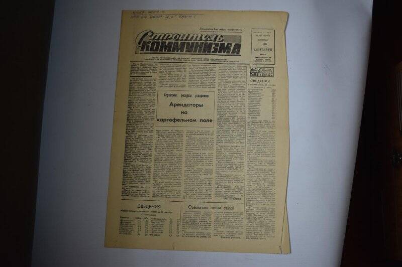 Газета. Строитель коммунизма от 30 сентября 1988 года, №157 (10313).