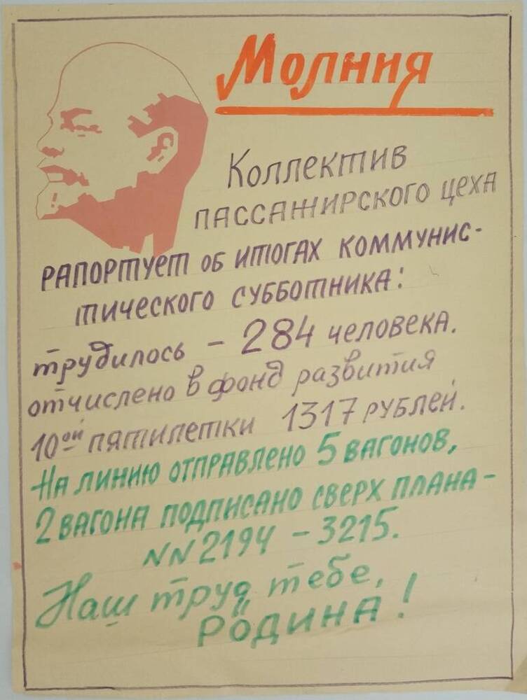 Молния Коллектив пассажирского цеха рапортует об итогах коммунистического субботника 