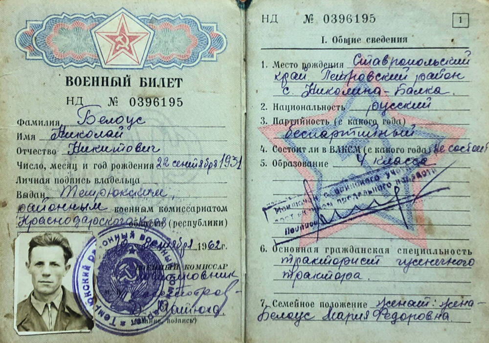 Военный билет  НД № 0396195  Белоус Н.Н., жителя ст. Тамань Краснодарского края. 
