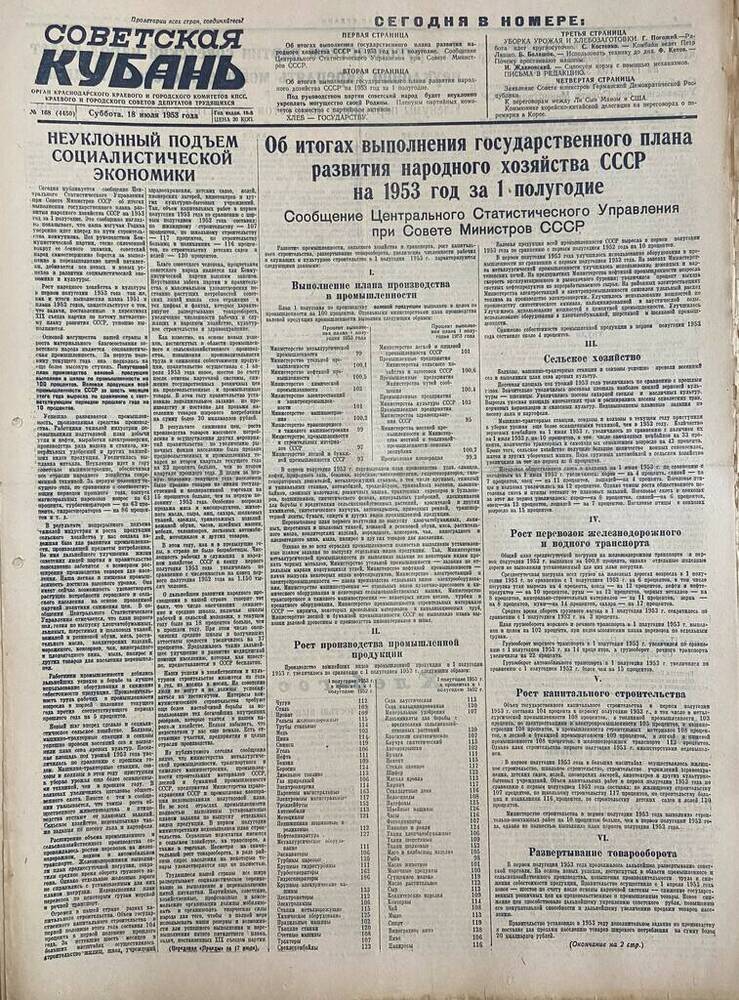 Газета Советская Кубань № 168  18.07.1953г.