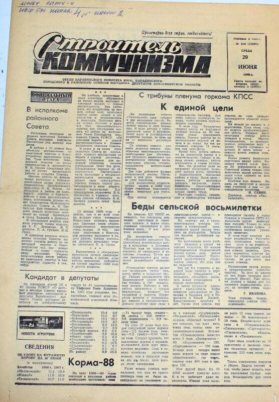 Газета. Строитель коммунизма 29 июня 1988 года  № 104 (10060)