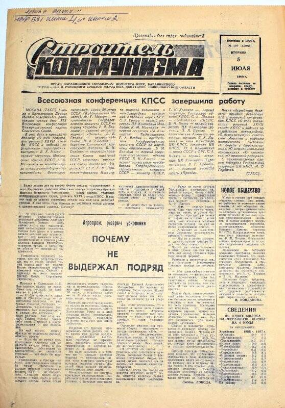 Газета. Строитель коммунизма 5 июля 1988 года  № 107 (10063)