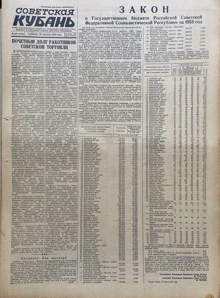 Газета Советская Кубань № 204  29.08.1953г.