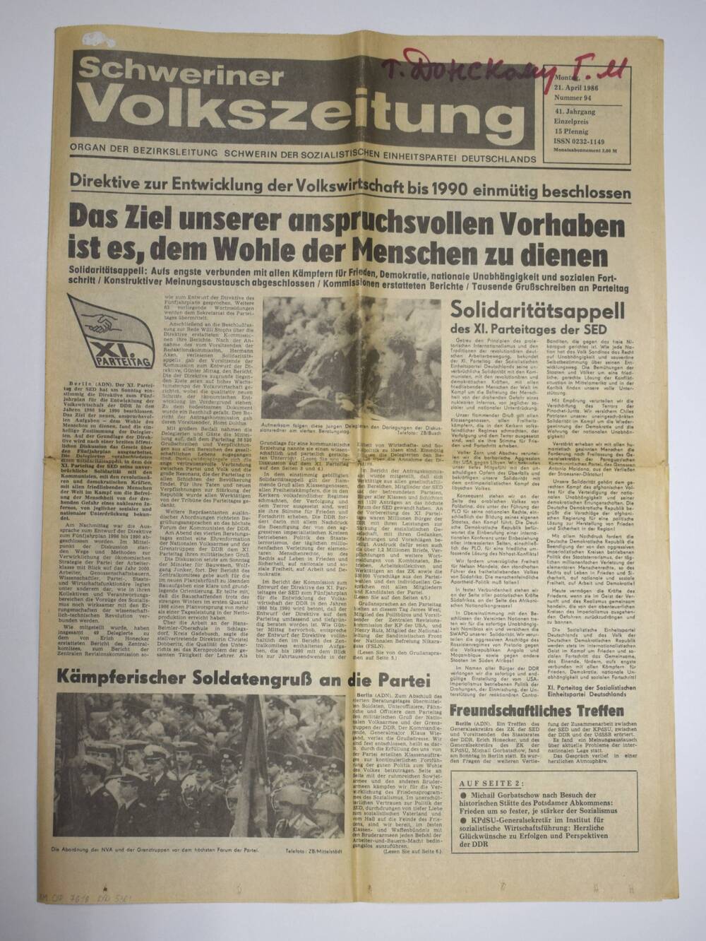 Газета Schweriner Volkszeitung № 94 от 21.04.1986 г. Статья о Горбачеве М.С.
