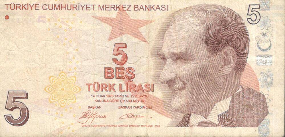 Купюра достоинством 5 турецких лир.