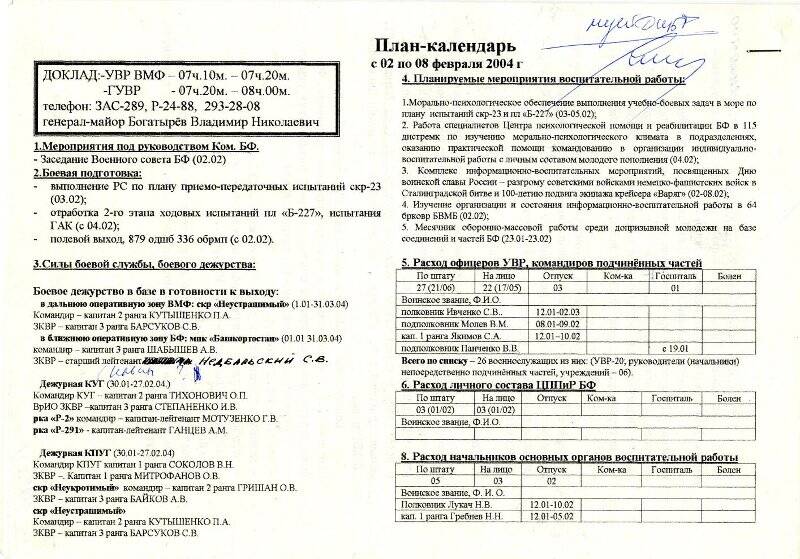 План-календарь Управления воспитательной работы с 02 по 08 февраля 2004 г.