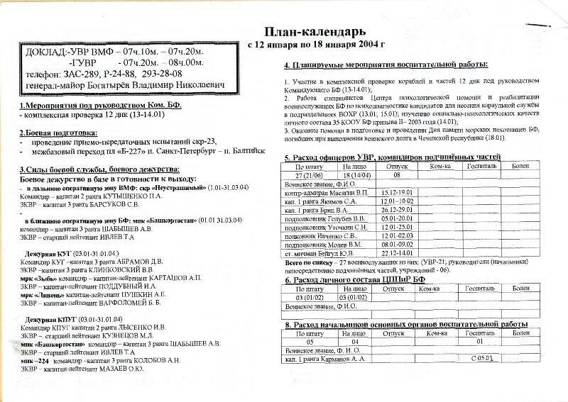 План-календарь Управления воспитательной работы с 12.01.04 по 18.01. 2004 г.