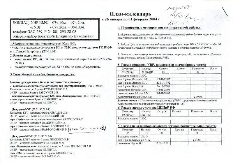 План-календарь Управления воспитательной работы с 26.01.04 по 01.02.2004 г.