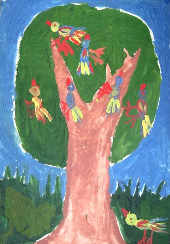 Дерево с птицами. Детский рисунок