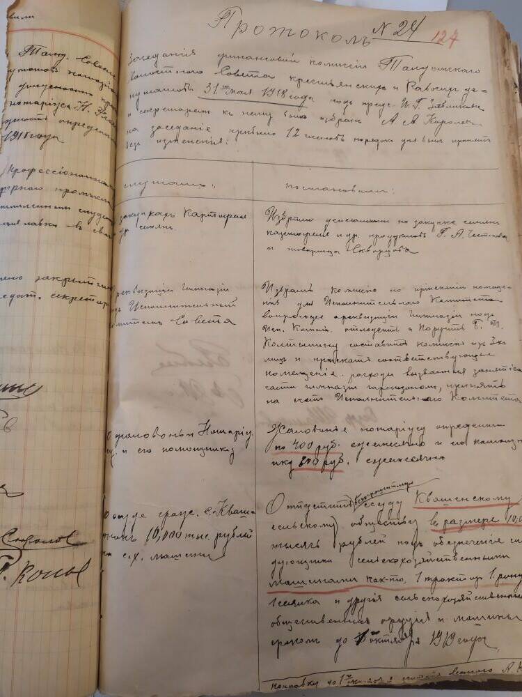 Протокол № 24 заседания финансовой комиссии Талдомского волостного Совета крестьянских и рабочих депутатов от 31 мая 1918 г.