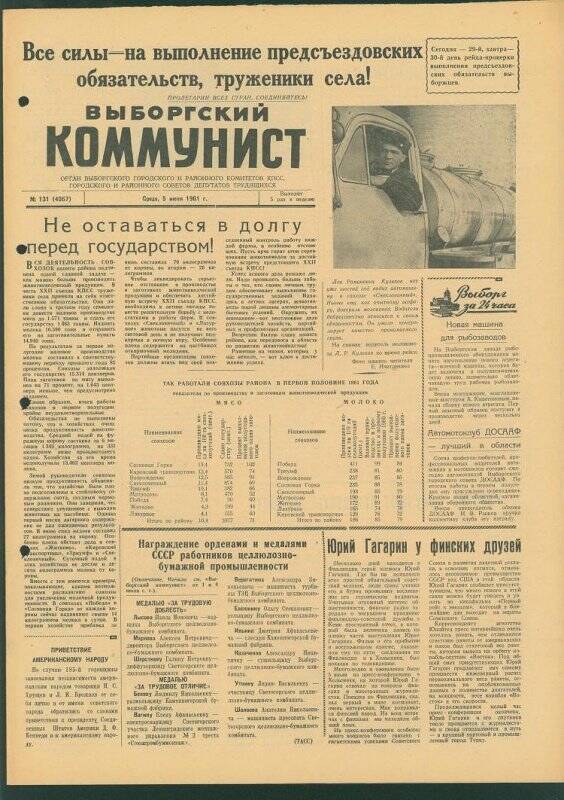 Газета. «Выборгский коммунист» № 131 (4067), 05.07.1961 г.