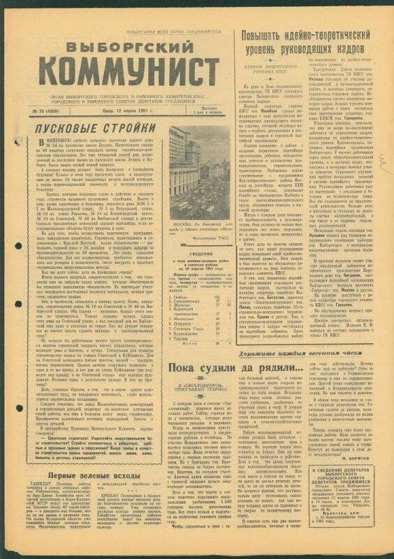 Газета. «Выборгский коммунист» № 73 (4009), 12.04.1961 г.