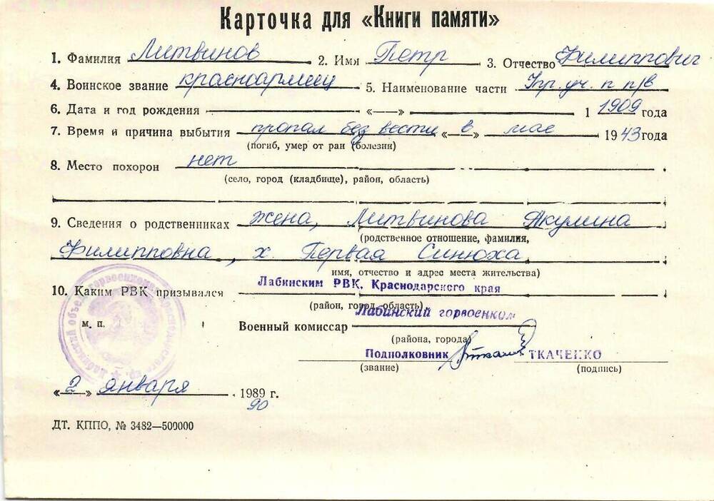 Карточка для «Книги Памяти» на имя Литвинова Петра Филипповича, 1909 года рождения; пропал без вести в мае 1943 года.