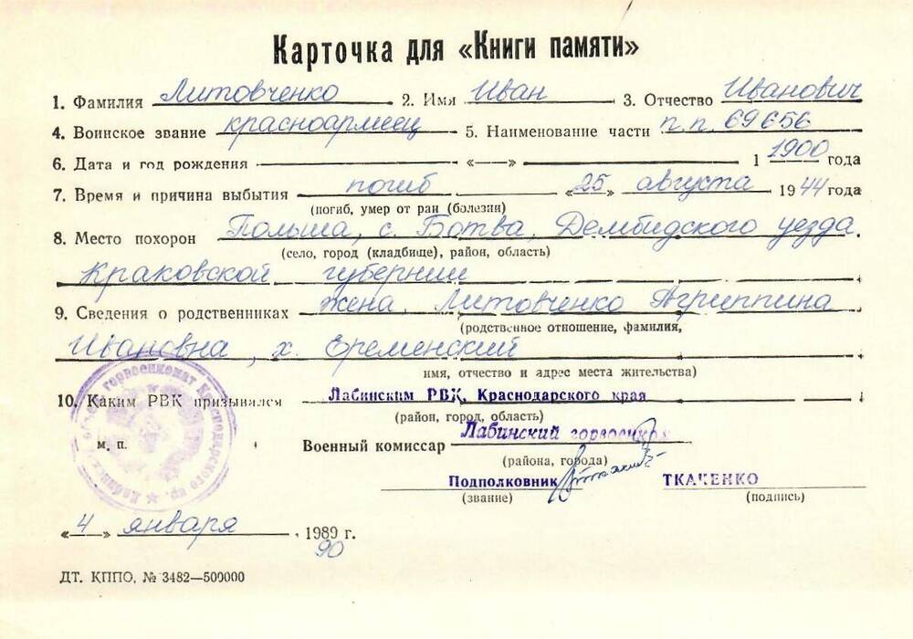 Карточка для «Книги Памяти» на имя Литовченко Ивана Ивановича, 1900 года рождения, красноармейца; погиб 25 августа 1944 года.