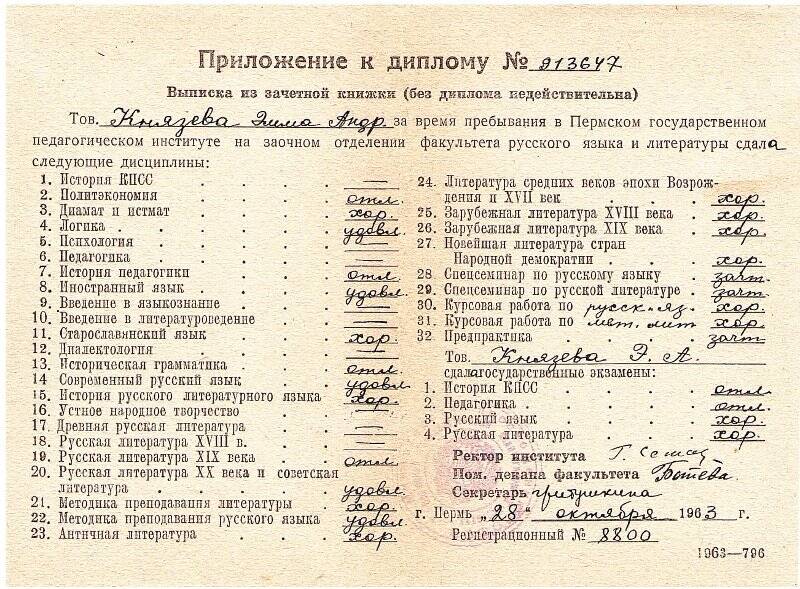 Документ. Приложение к диплому № 913647 Князевой Э. А. 28.10.1963 г.