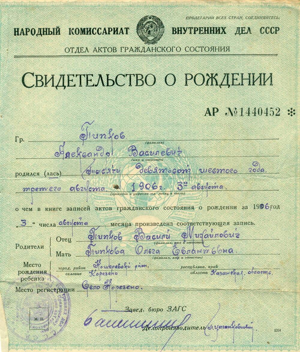 Свидетельство о рождении Пипкова А.В. (1906 г.р.)