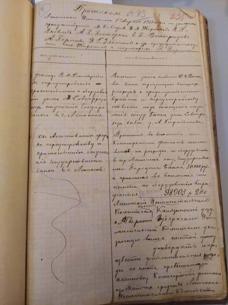 Протокол № 13  Ленинского  исполкома от 1 апреля  1919 г.