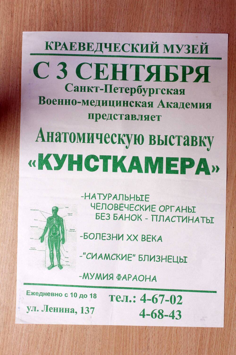 Афиша анатомической выставки Кунсткамера Санкт-Петербургской Военно-медицинской Академии.