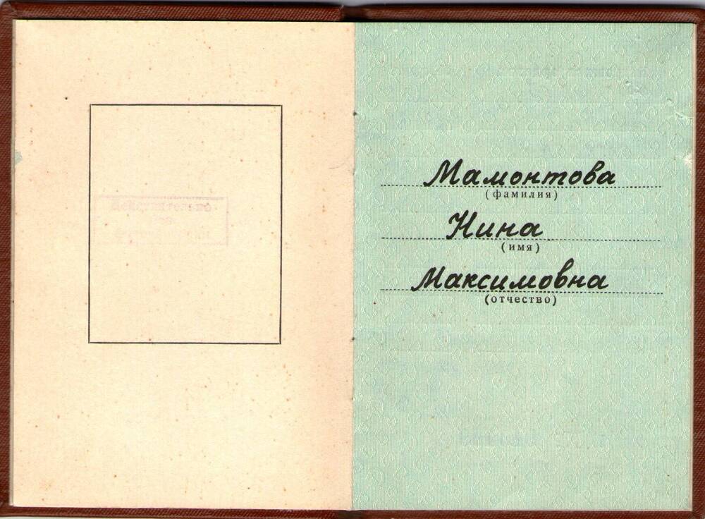 Книжка орденская Мамонтовой Нины Максимовны №943499