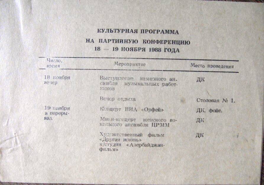 Культурная программа на партийную конференцию 18-19 ноября 1988г.