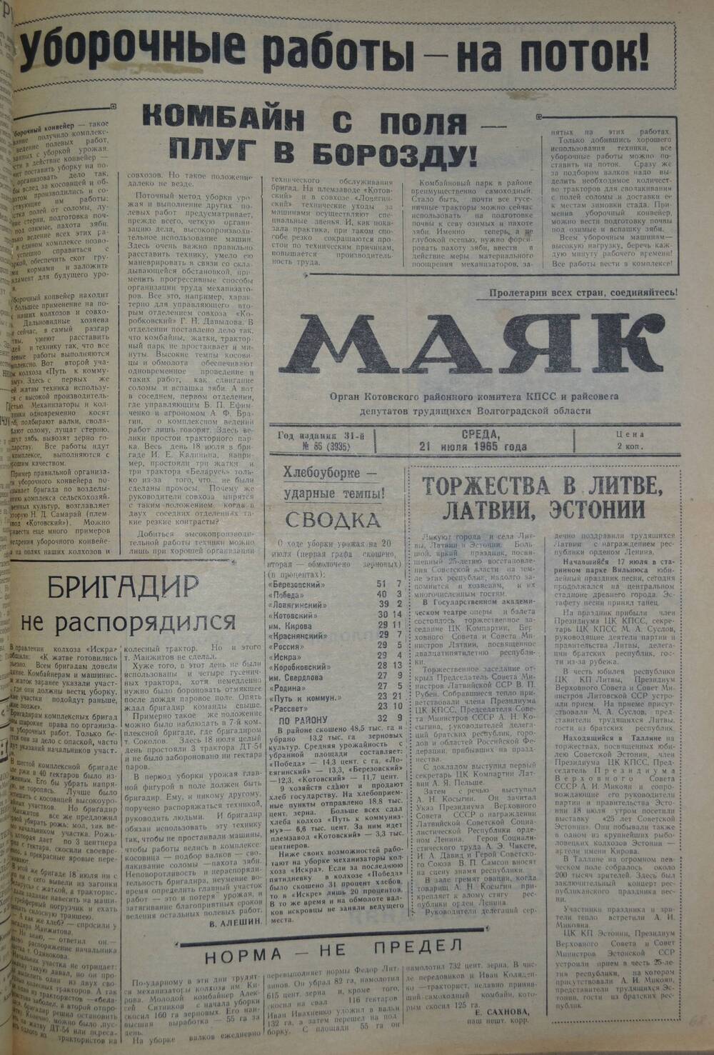 Газета Маяк № 85 (3935). Среда, 21 июля 1966 года.