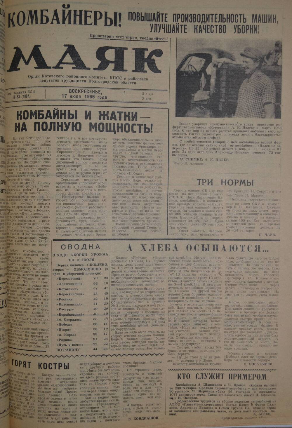 Газета Маяк № 83 (4087). Воскресенье, 17 июля 1966 года.