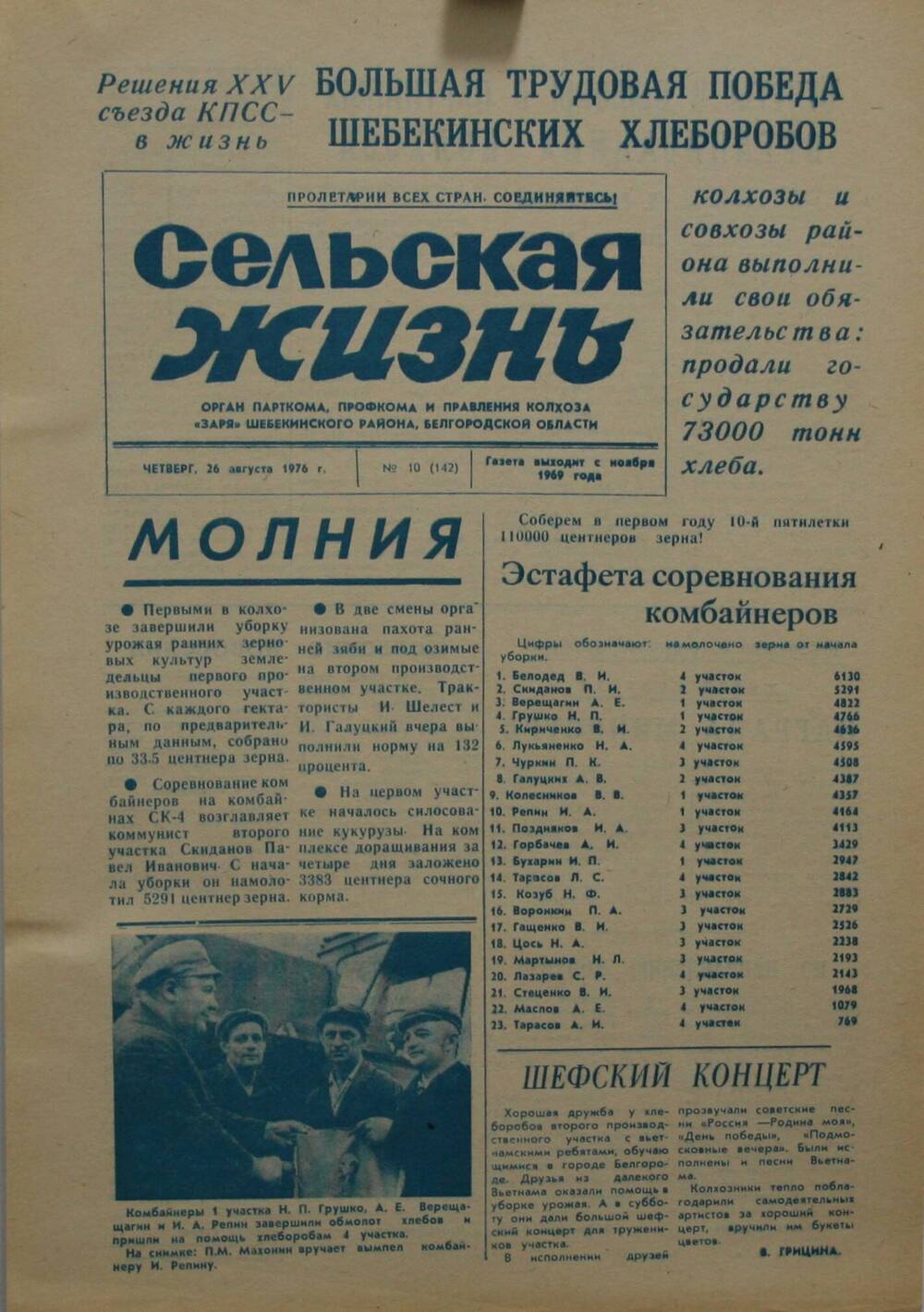 Подшивка газеты Сельская жизнь. № 10 (142) от 26 августа 1976 г.