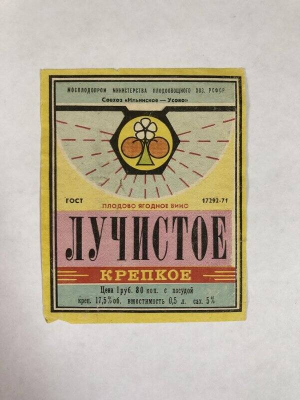 Этикетка. «Лучистое крепкое». Плодово-ягодное вино.