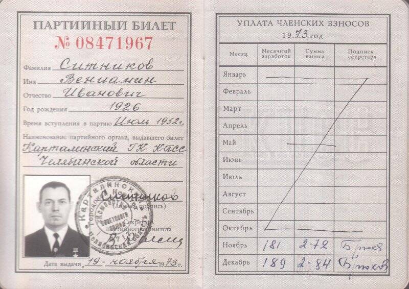 Партийный билет КПСС № 8471967 Ситникова В.И., 1926г.р. Выдан 19.11.1973г. Документ