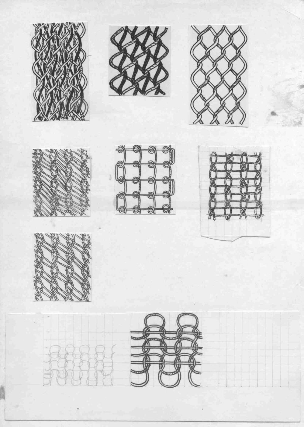 Фотоснимки зарисовок образцов переплетения ткани.