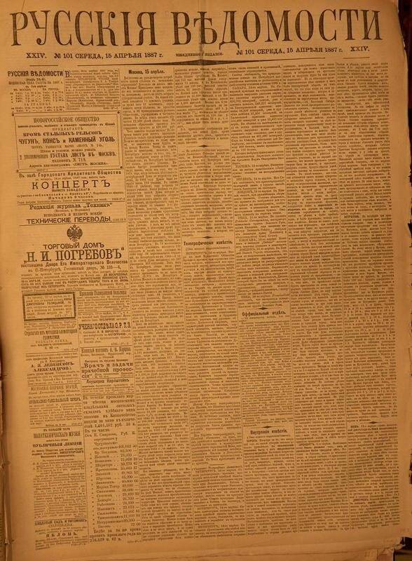 Газета. Русские ведомости. № 101, среда, 15 апреля 1887 г.