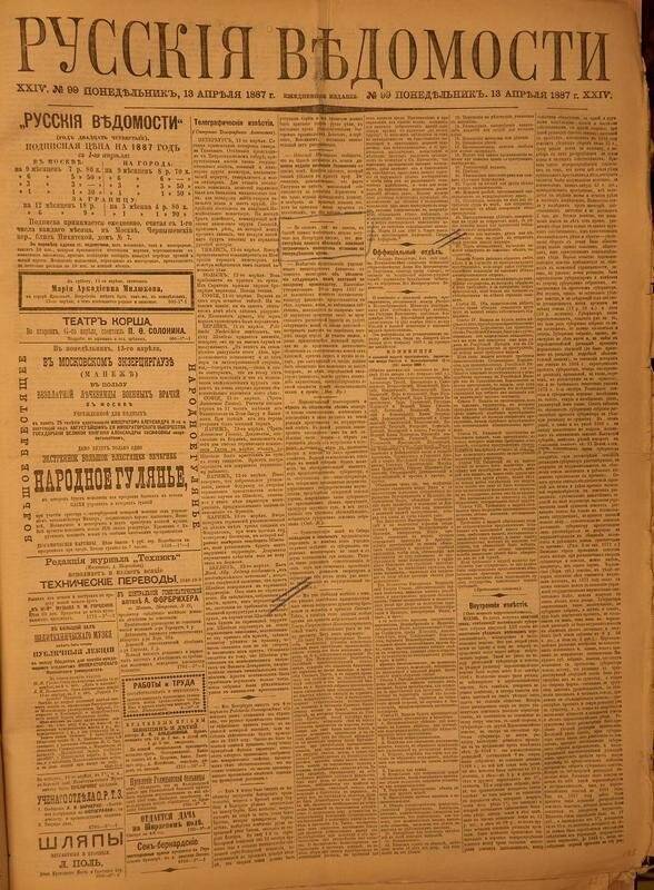 Газета. Русские ведомости. № 99, понедельник, 13 апреля 1887 г.