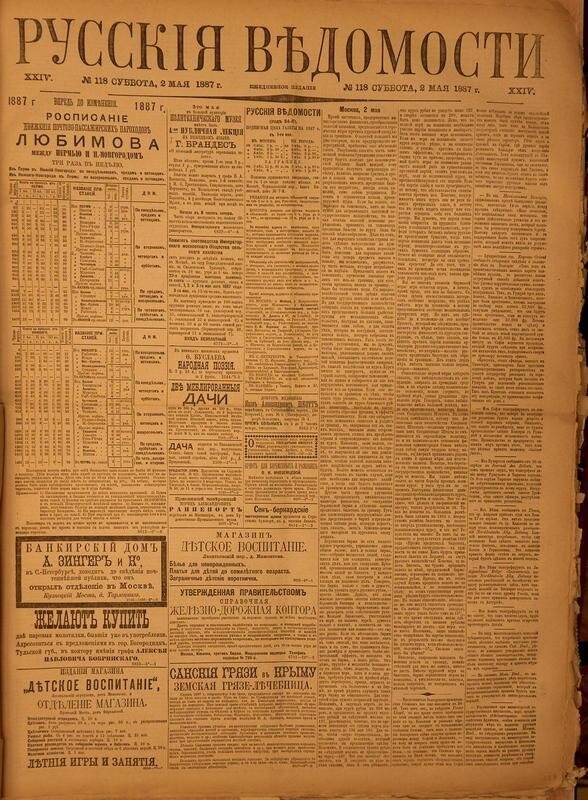 Газета. Русские ведомости. № 118, суббота, 2 мая 1887 г.