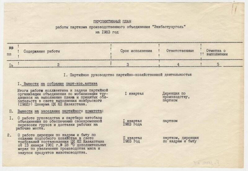 План перспективный работы парткома производственного объединения Экибатузуголь на 1983 г.
