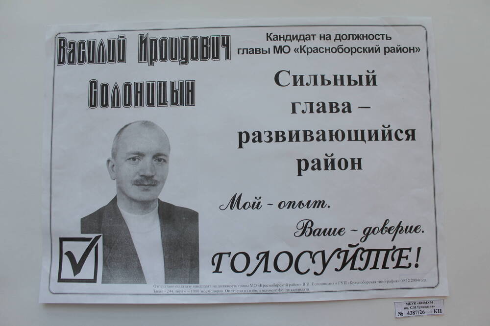 Агитационная листовка. Василий Ироидович Солоницын. Сильный глава – развивающийся район